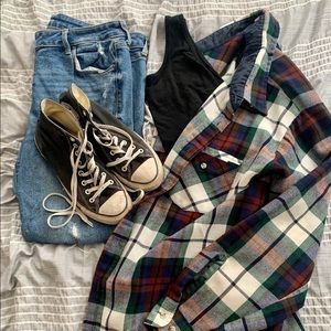 Oversized Cream, Navy, Red, and Green Plaid Shirt